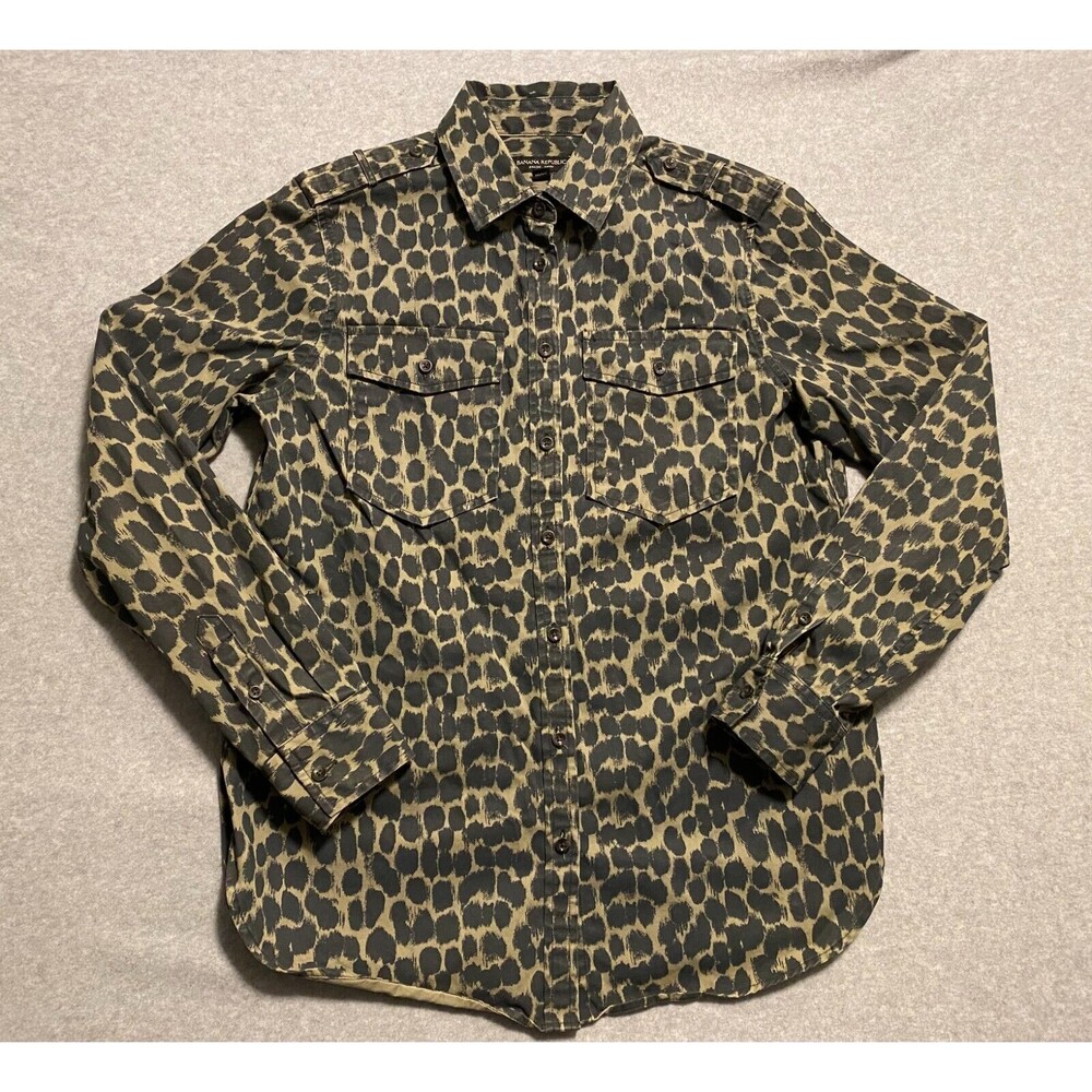 Banana Republic Women Dillon Shirt XS Green Black Flap Pocket Collared Button-Up